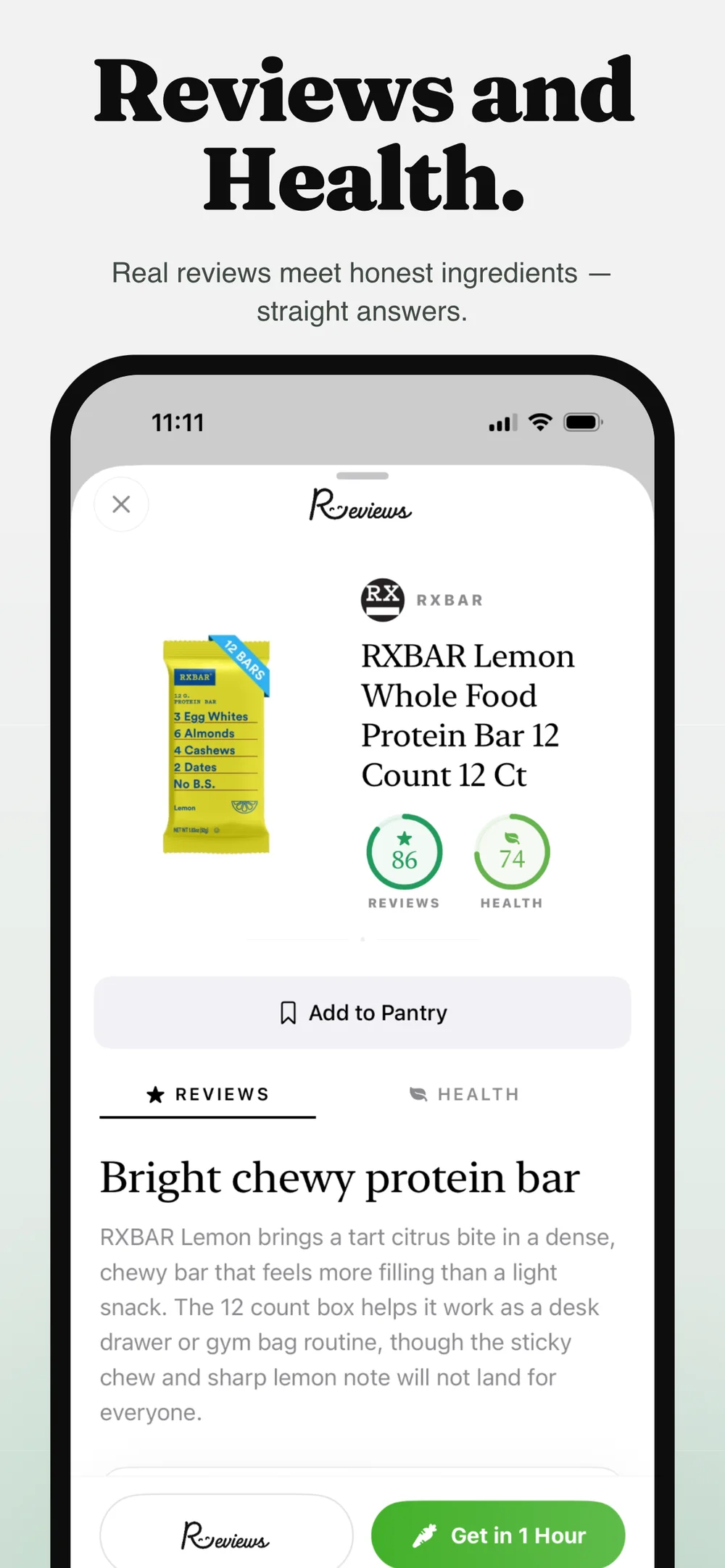 Reviews product page with Reviews and Health score circles